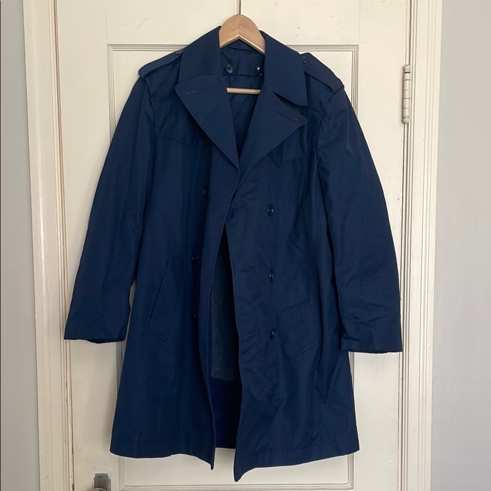 British Navel Blue Trench Coat with shoulder pads and removable winter layer